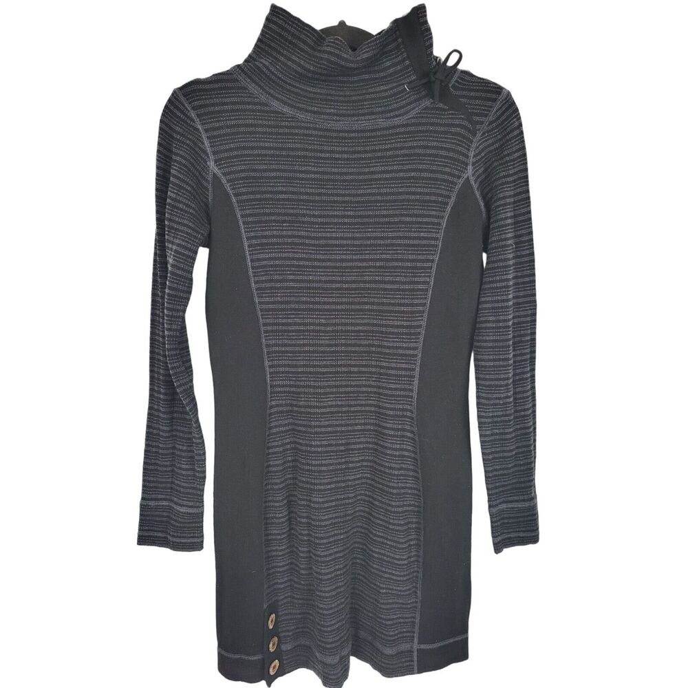 Prana Midi Dress S Womens Black Long Sleeve Mock Neck Button Bow‎ Pullover